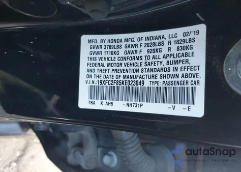 2019 Honda Civic Sport from USA, damaged, VIN 19XFC2F85KE023049